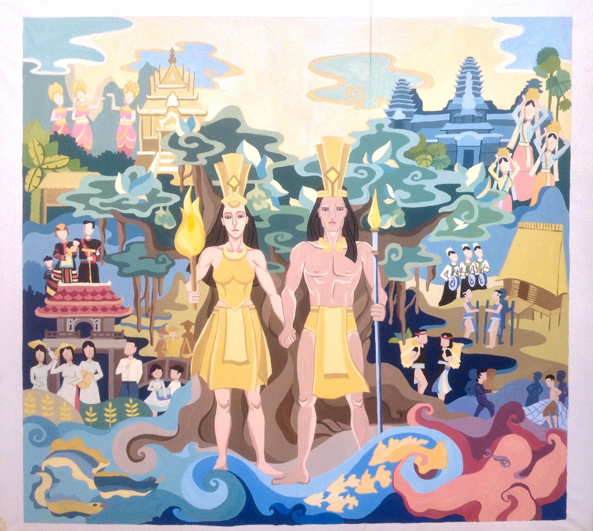 A painting or relief depicting Lạc Long Quân and Âu Cơ in Vietnamese folk art