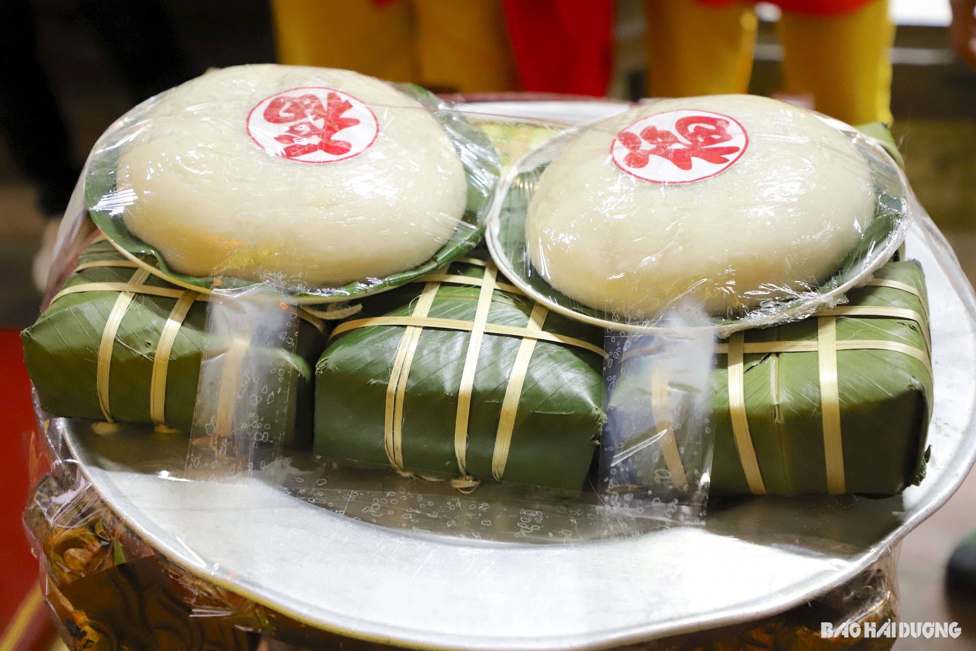 Traditional bánh chưng (square sticky rice cake) and bánh giầy (round sticky rice cake) for the Vietnamese Lunar New Year