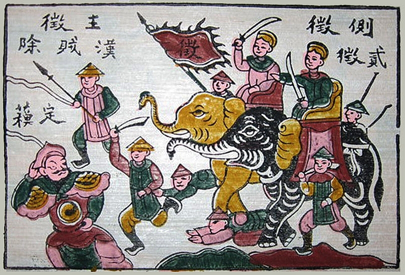 A folk painting or classical illustration of the Trưng Sisters riding war elephants into battle