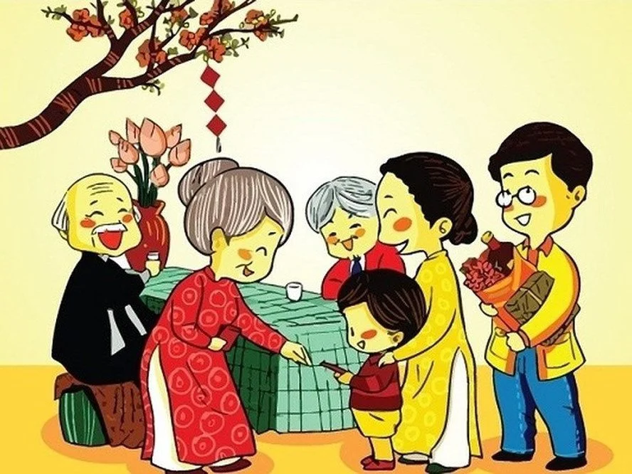 An elder handing out red envelopes (lì xì) to children