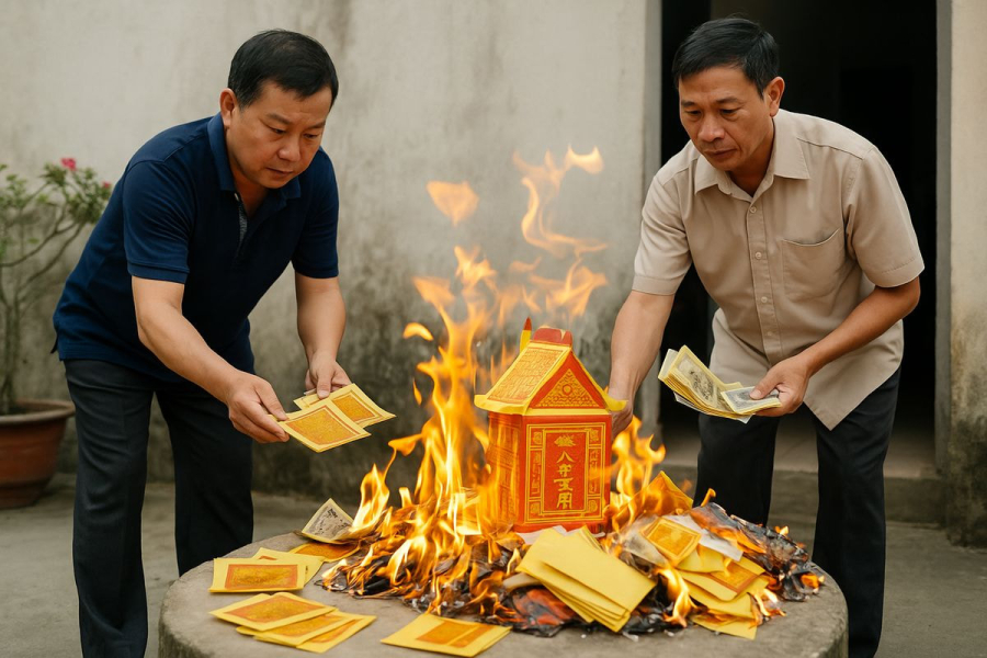 Burning votive paper in front of a Vietnamese house — paper money, various elaborate paper effigies
