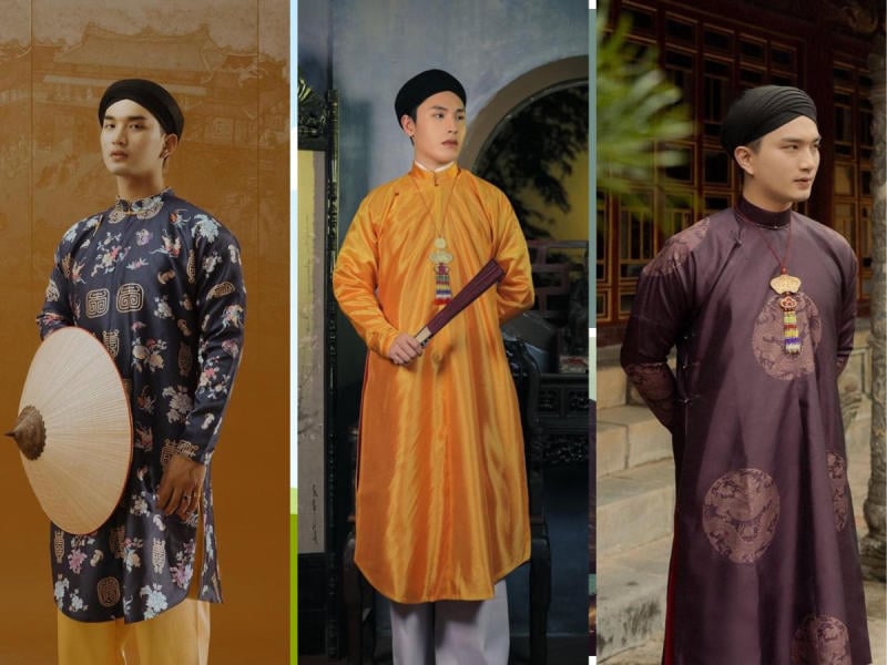 Vietnamese men wearing the traditional male Áo Dài — in muted tones of blue, brown, or black