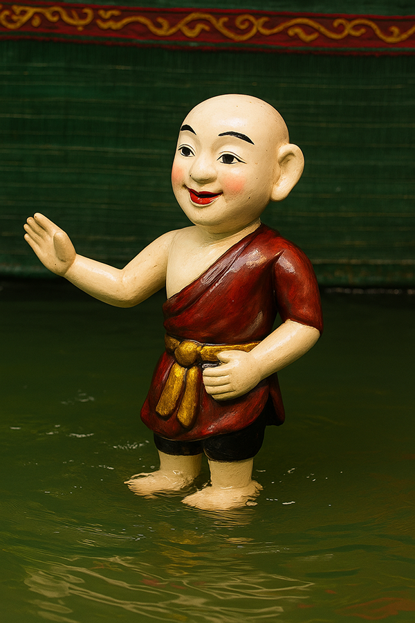 Chú Tễu — a plump, short figure, grinning widely, with a large belly and a red cloth draped over his shoulder