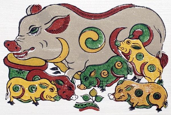 A set of Đông Hồ paintings featuring the Great Rooster and the Pig Flock