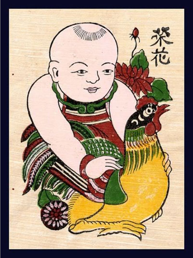 A Đông Hồ painting hanging in a traditional home during Tết — exuding a warm, folk atmosphere