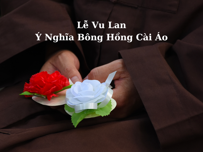 The rose-pinning ceremony during Vu Lan — a person pinning a red rose crying, a person with a white rose bowing their head