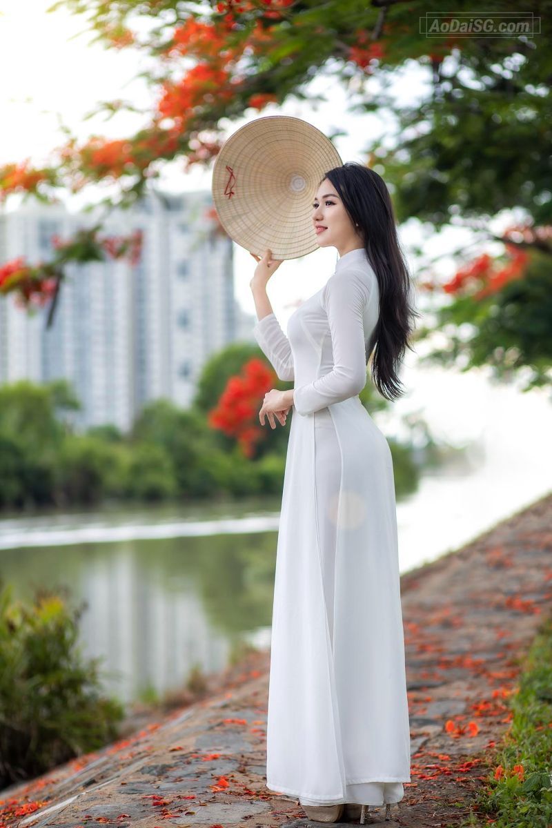 A Hanoian woman wearing an Ao Dai walking along West Lake — unhurried, impeccably groomed, elegant