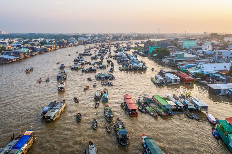The river network of the Mekong Delta — small wooden boats, rowers, flanked by dense coconut palms