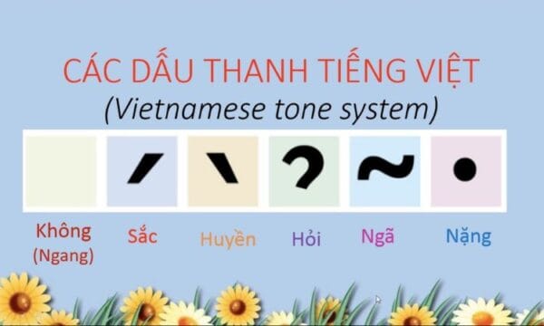 A diagram illustrating the six Vietnamese tones — curved lines demonstrating the pitch trajectory of each tone